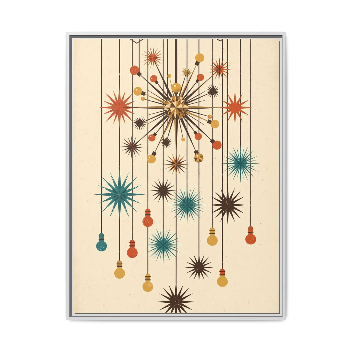 Mid Century Modern Sputnik Chandelier Framed Canvas Wall Art, Atomic Starburst Print, Retro 1950s Decor