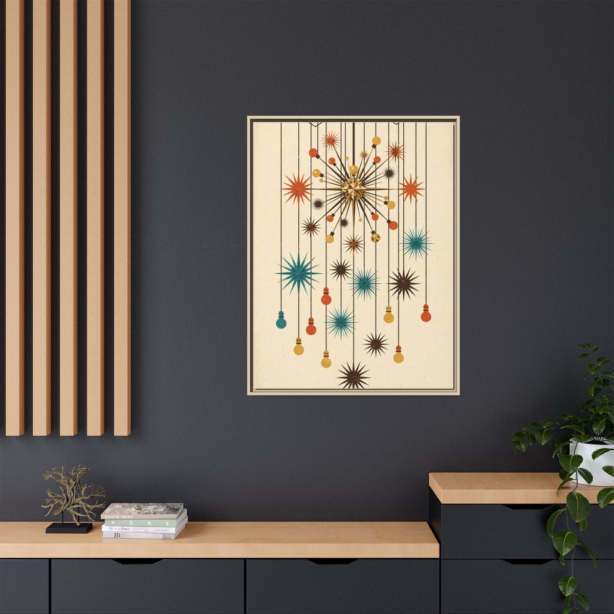 Mid Century Modern Sputnik Chandelier Framed Canvas Wall Art, Atomic Starburst Print, Retro 1950s Decor