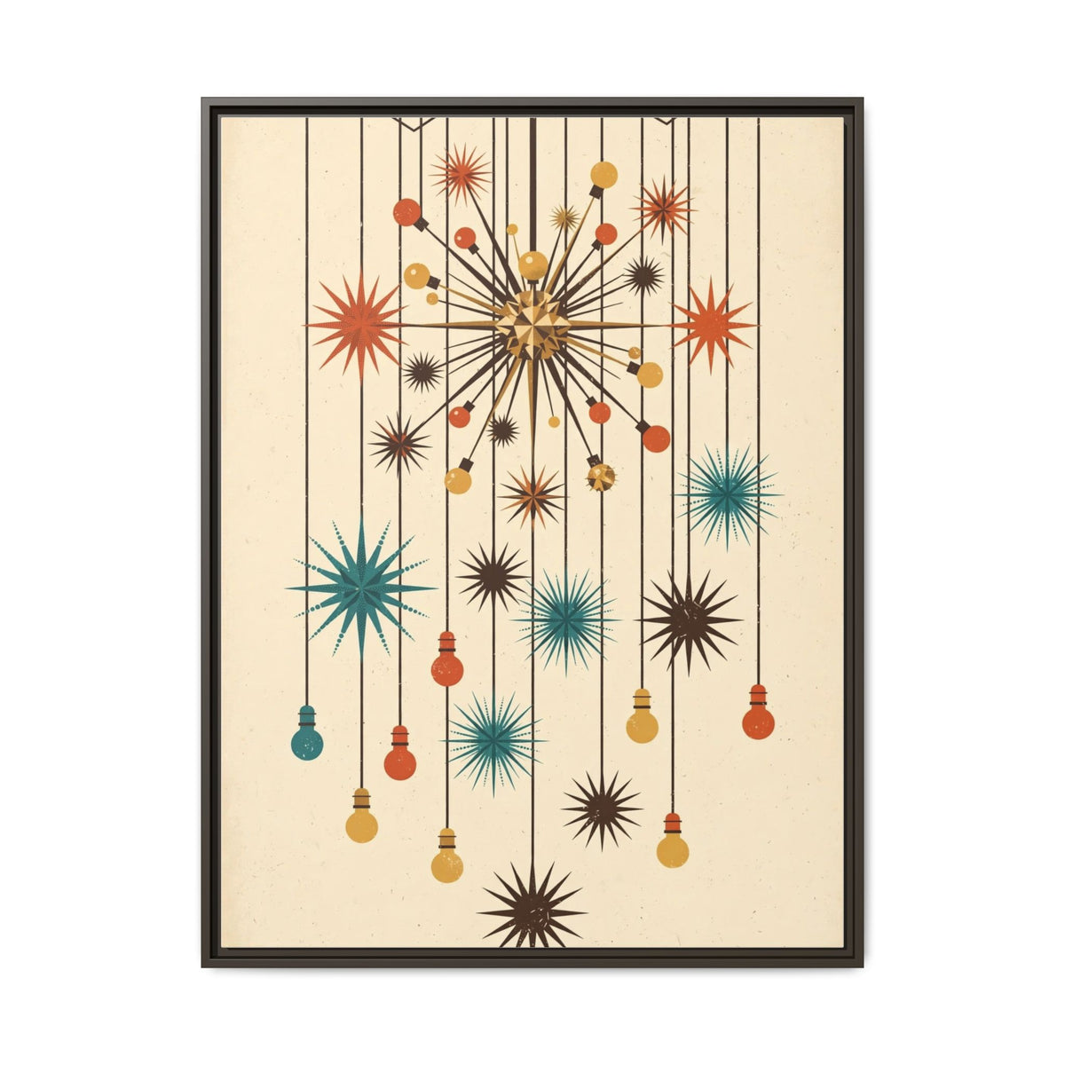 Mid Century Modern Sputnik Chandelier Framed Canvas Wall Art, Atomic Starburst Print, Retro 1950s Decor