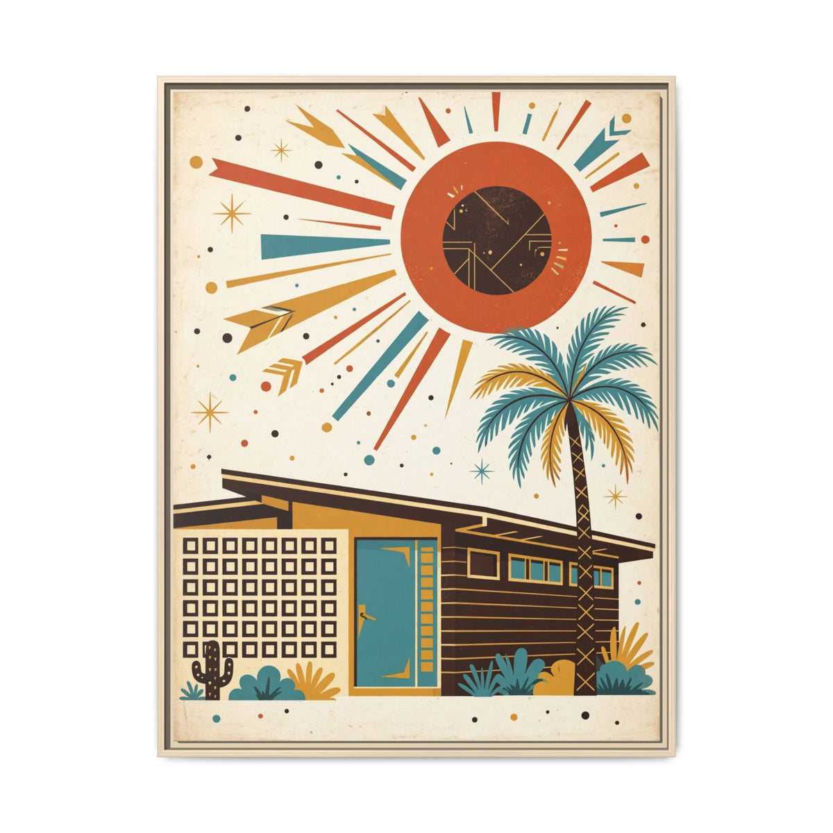 Mid Century Modern Palm Springs Framed Canvas Wall Art, Retro House Print, Teal Door Desert Decor