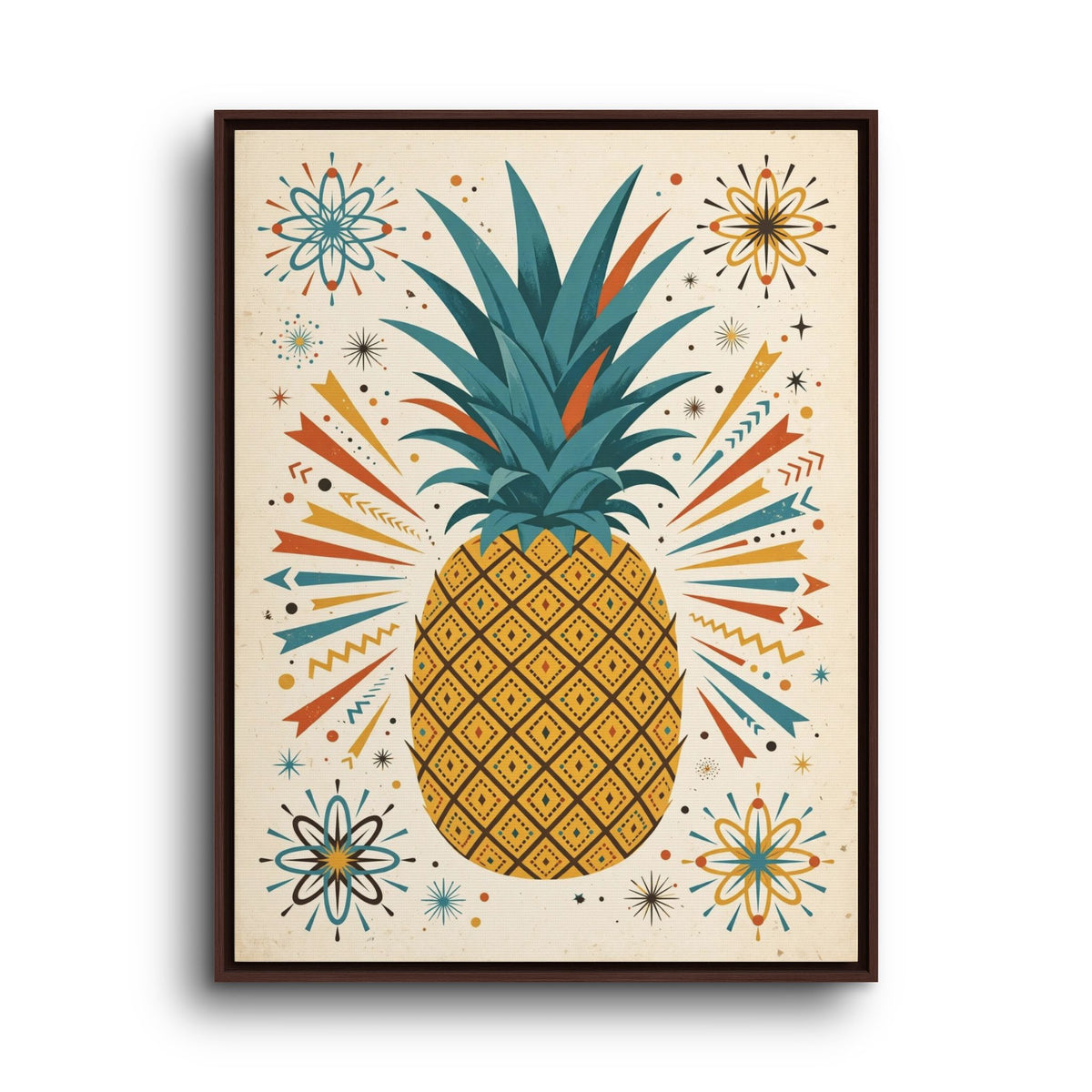 Mid Century Modern Pineapple Framed Canvas Wall Art, Retro Pineapple Print, 1950s Kitchen Decor
