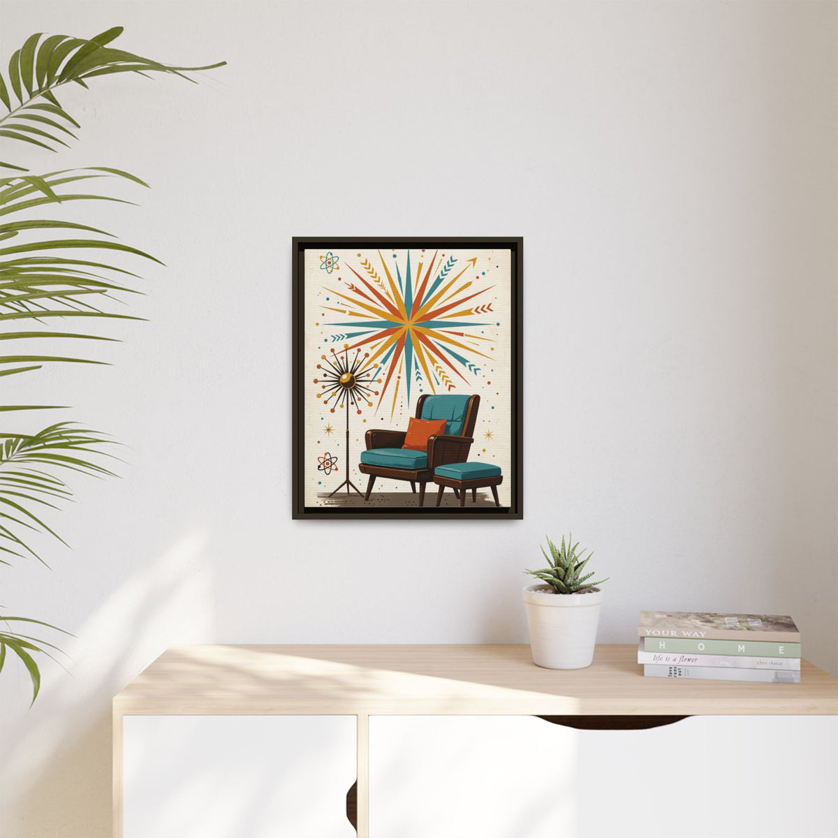 Mid Century Modern Lounge Chair Framed Canvas Wall Art, Retro Furniture Print, 1950s Living Room Decor