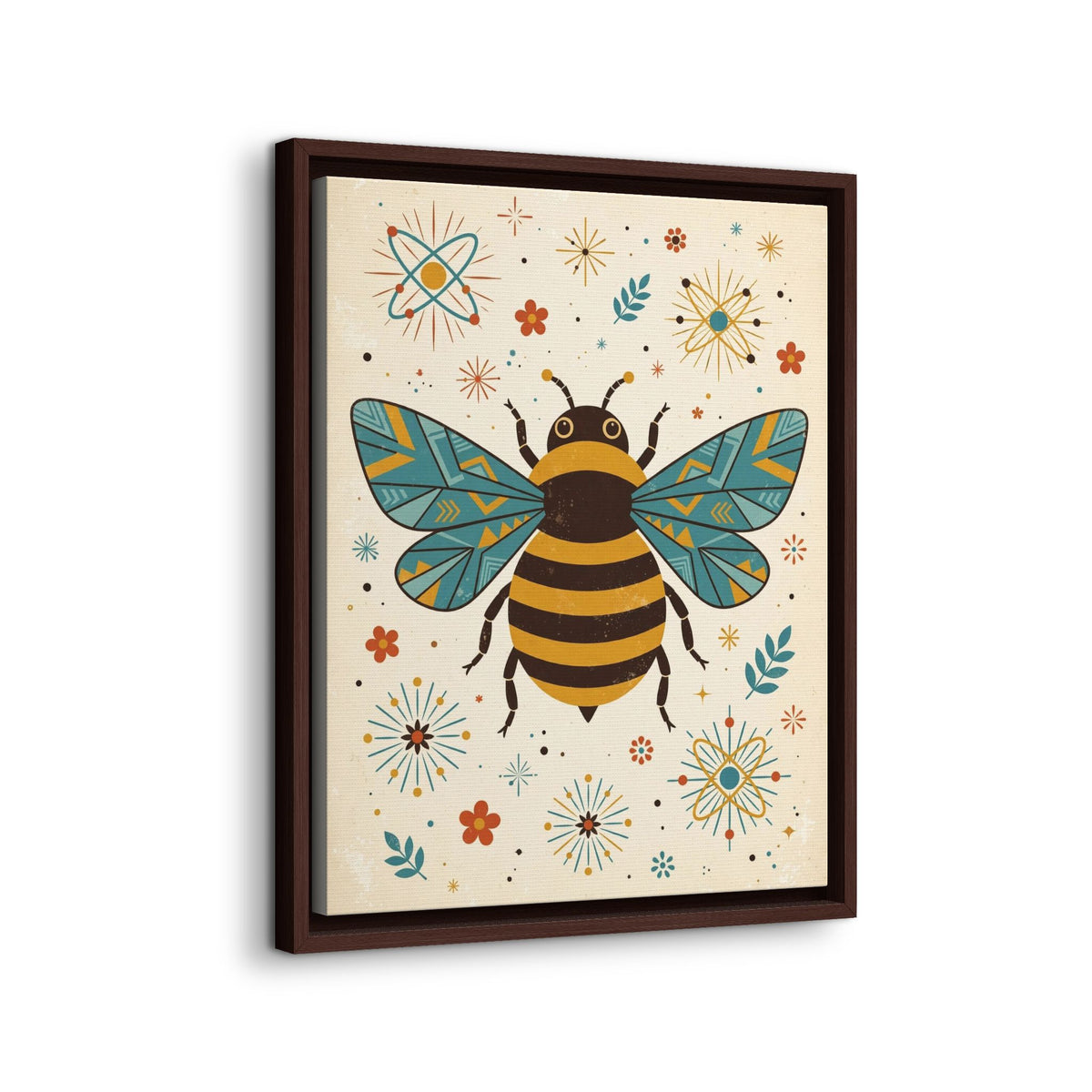 Mid Century Modern Bee Framed Canvas Wall Art, Retro Bumblebee Print, 1950s Garden Nature Decor