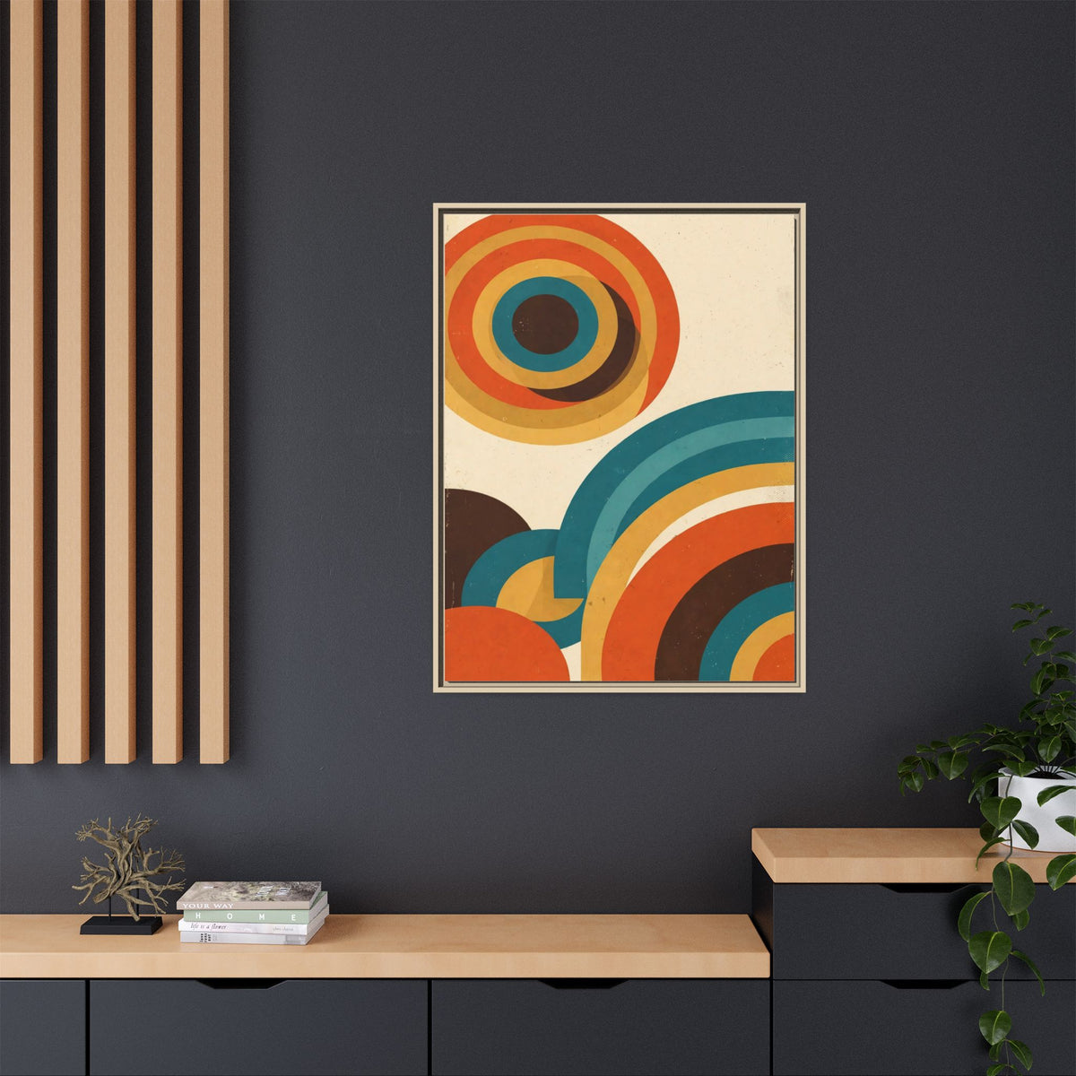 Mid Century Modern Concentric Circles Framed Canvas Wall Art, Retro Arches Print, Burnt Orange Teal Decor