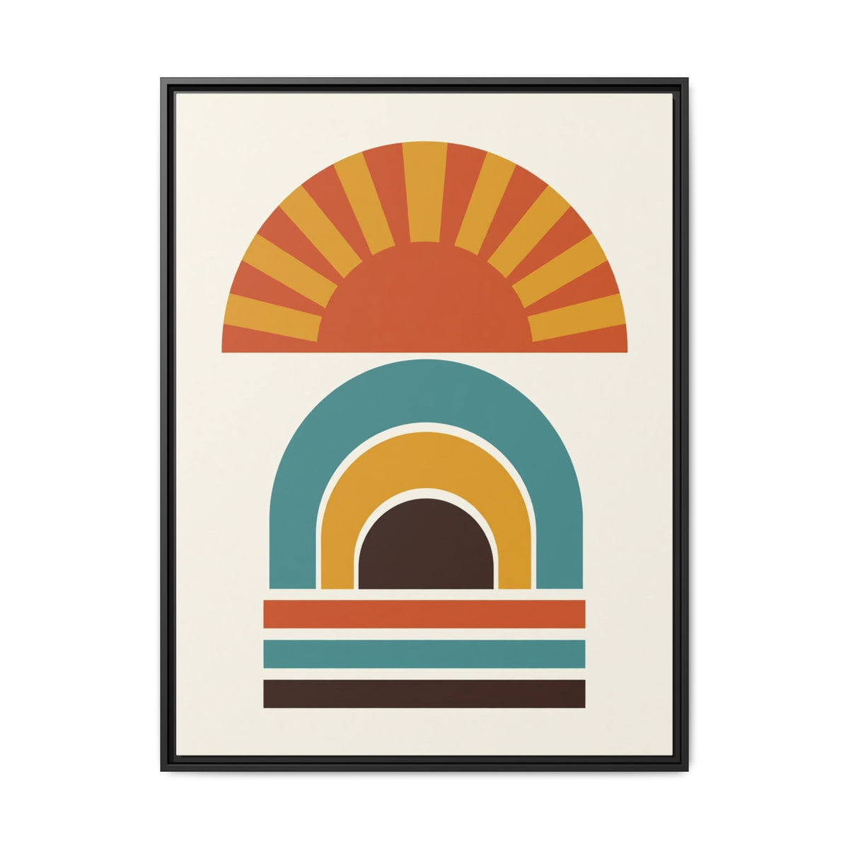 Mid Century Modern Geometric Sun Framed Canvas Wall Art, Retro Arch Print, Burnt Orange Teal Bedroom Decor