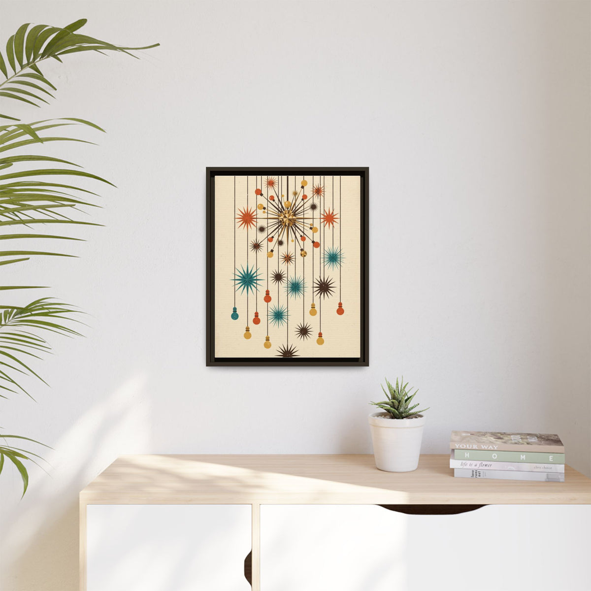 Mid Century Modern Sputnik Chandelier Framed Canvas Wall Art, Atomic Starburst Print, Retro 1950s Decor