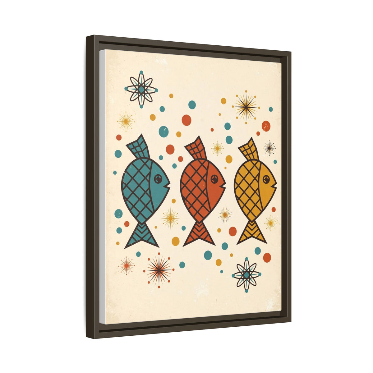 Mid Century Modern Fish Framed Canvas Wall Art, Retro Atomic Fish Print, 1950s Bathroom Ocean Decor