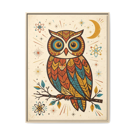 Mid Century Modern Owl Framed Canvas Wall Art, Retro Bird Print, 1950s Teal Orange Kids Room Decor