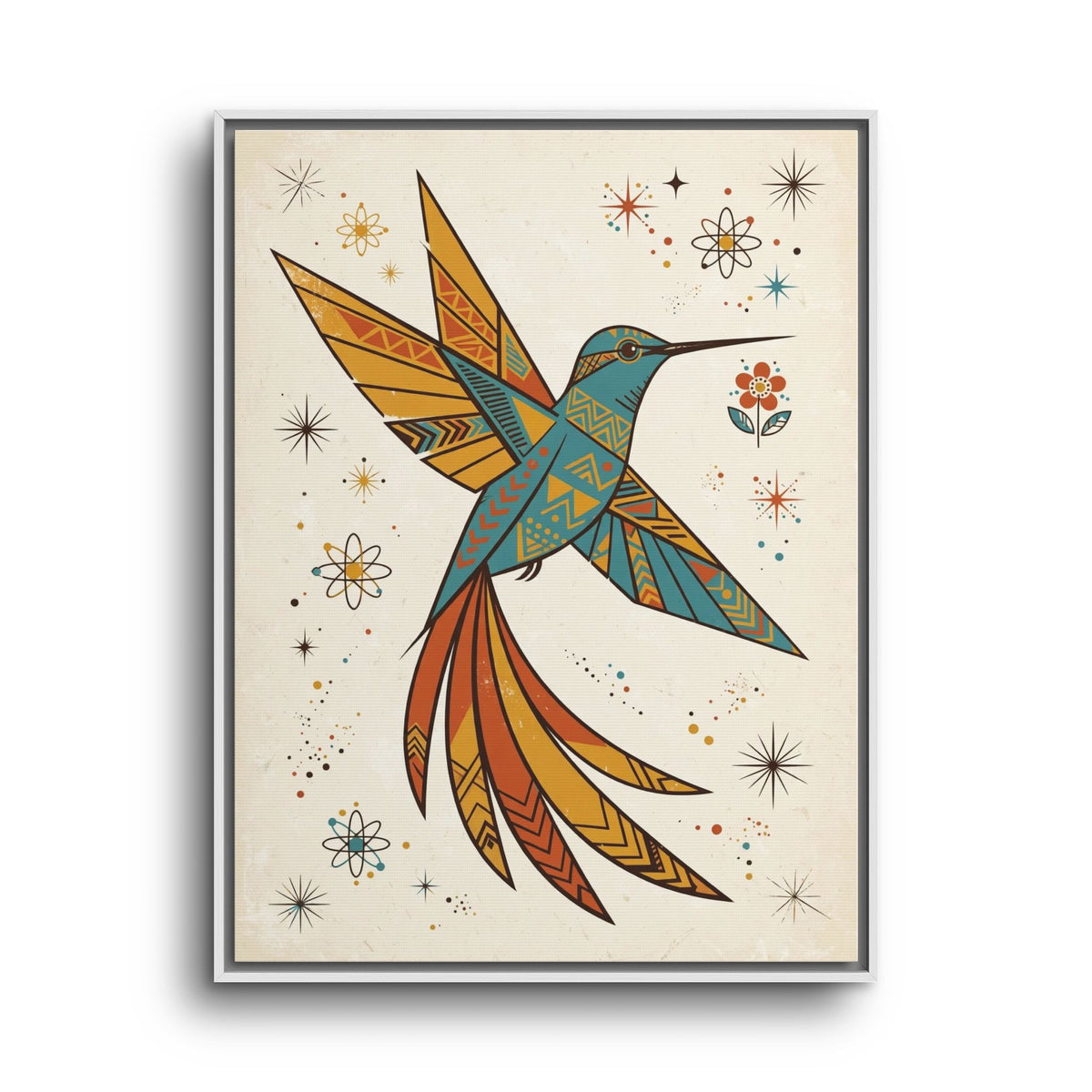 Mid Century Modern Hummingbird Framed Canvas Wall Art, Retro Bird Print, 1950s Nature Decor