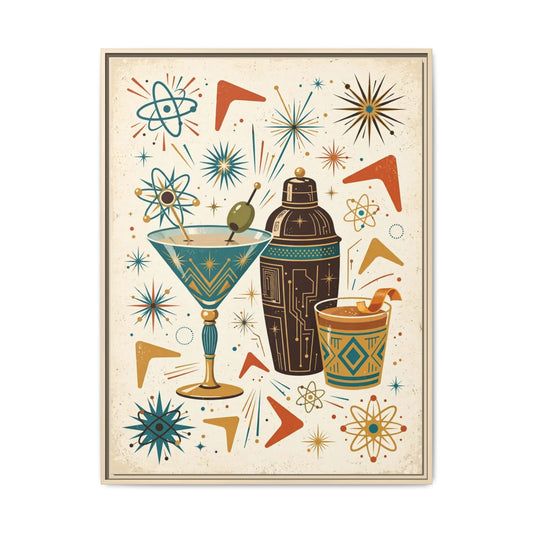 Mid Century Modern Cocktail Framed Canvas Wall Art, Retro Martini Print, 1950s Home Bar Decor